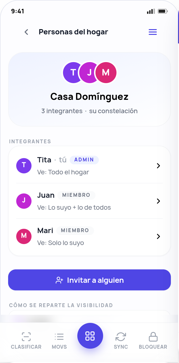 Pantalla de personas del hogar — vista colaborativa con identidad por color